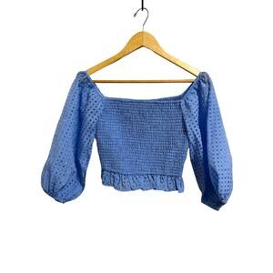 Flying Tomato women's blue smocked‎ ruffle puff sleeve crop top size Small